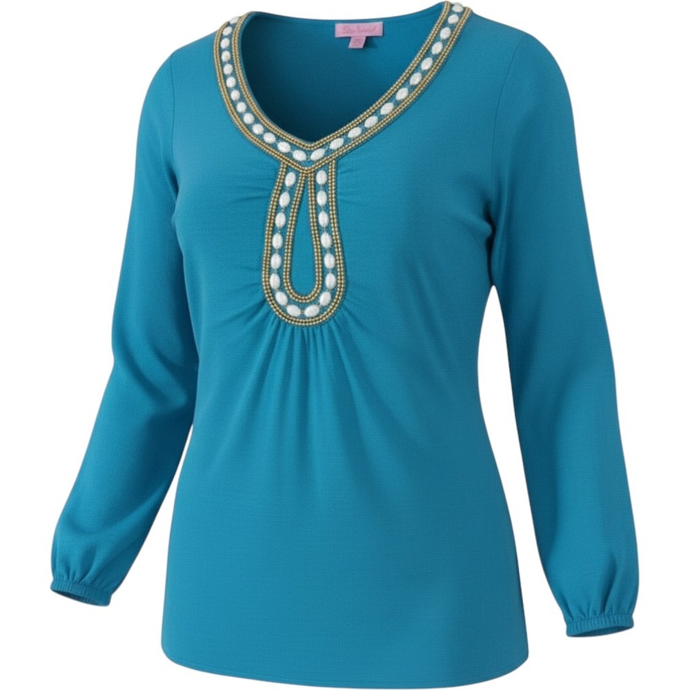 Lilly Pulitzer Womens Teal Blue Beaded V-Neck Tunic Top Long Sleeve Rayon XS
